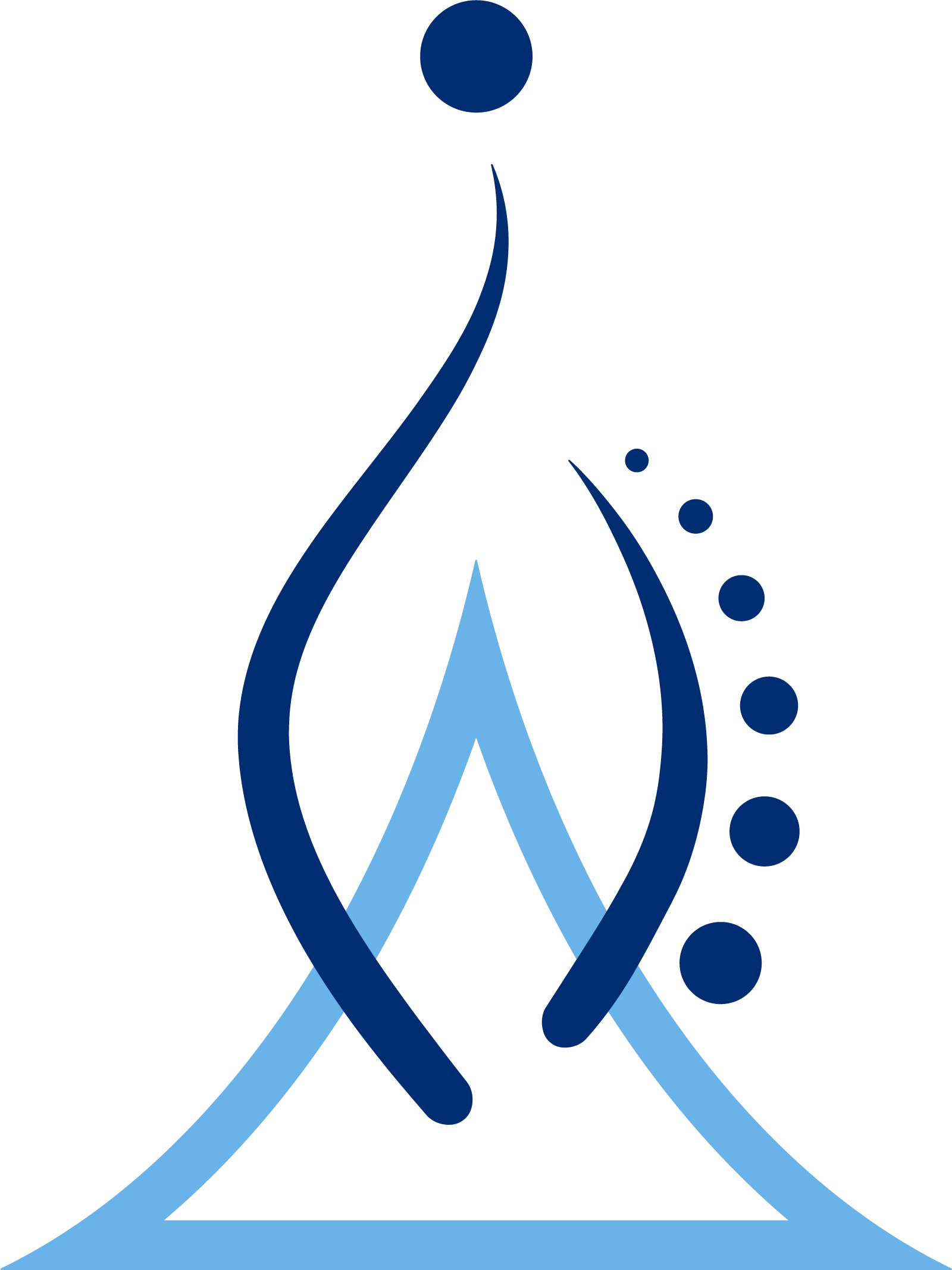 Holistic logotyp i blått och ljusblått, med stiliserade former som föreställer en mänsklig figur och trianglar, omgiven av cirklar.
