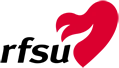 Logotyp för RFSU med svart text och röd symbol mot svart och vit bakgrund.