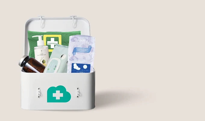 Medicinsk låda med viktiga saker att ha hemma om något oväntat skulle hända.