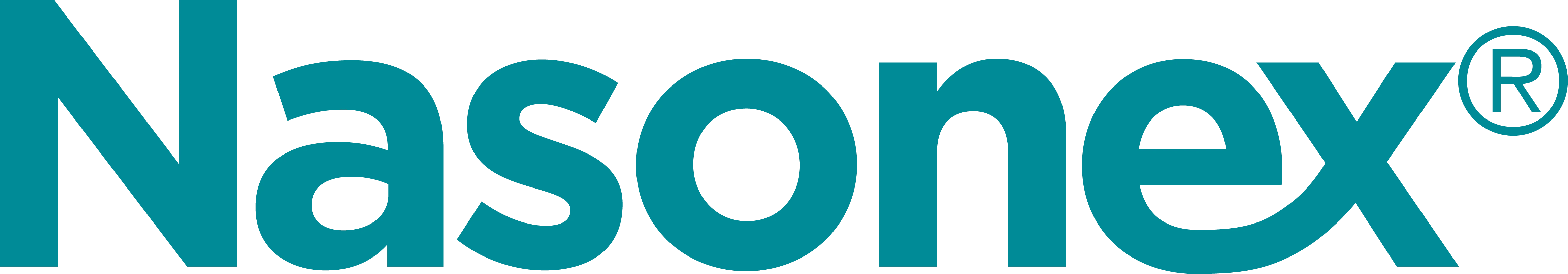 Logotyp för Nasonex, med texten "Nasonex" i turkos färg och registrerat varumärkessymbol (®).